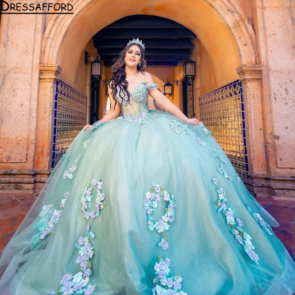 فستان بكتف مكسيكي لامع من Quinceanera بالنعناع الأخضر ، حبات مزينة ، فساتين عيد ميلاد حلوة ، فستان كرة XV ، 15