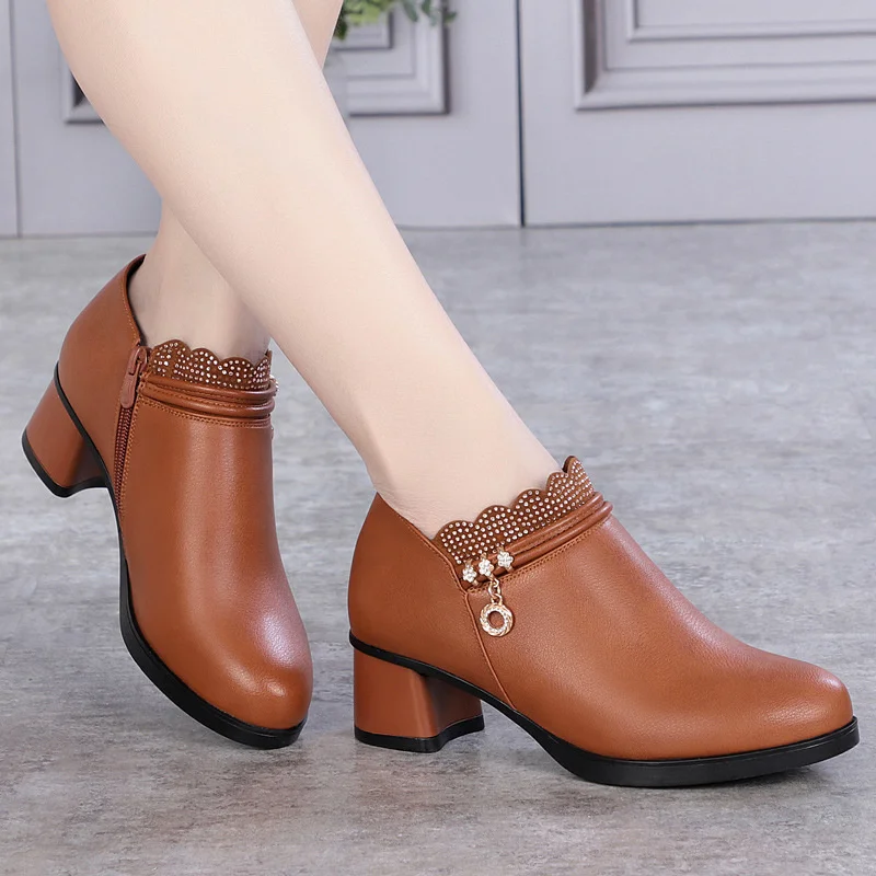 Solid Spring Autumn Women Fashion Pumps Thick High Heels Soft Comfortable Mam Zip Shallow Women Shoes