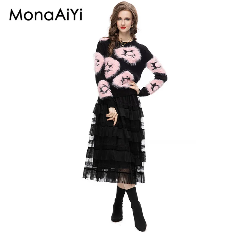 MonaAiYi Autumn Temperament Commuter Plush Printed Round Neck Hight-Waist Long Sleeve Dress Two-Piece Set