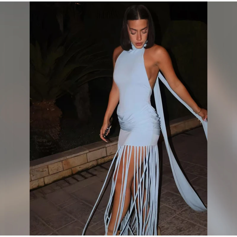 Women Sexy Tassel Patchwork Maxi Dress Elegant V-neck Wide Strap Sleeveless Waist-cinching Slim Fit Dresses Chic New Party Gowns