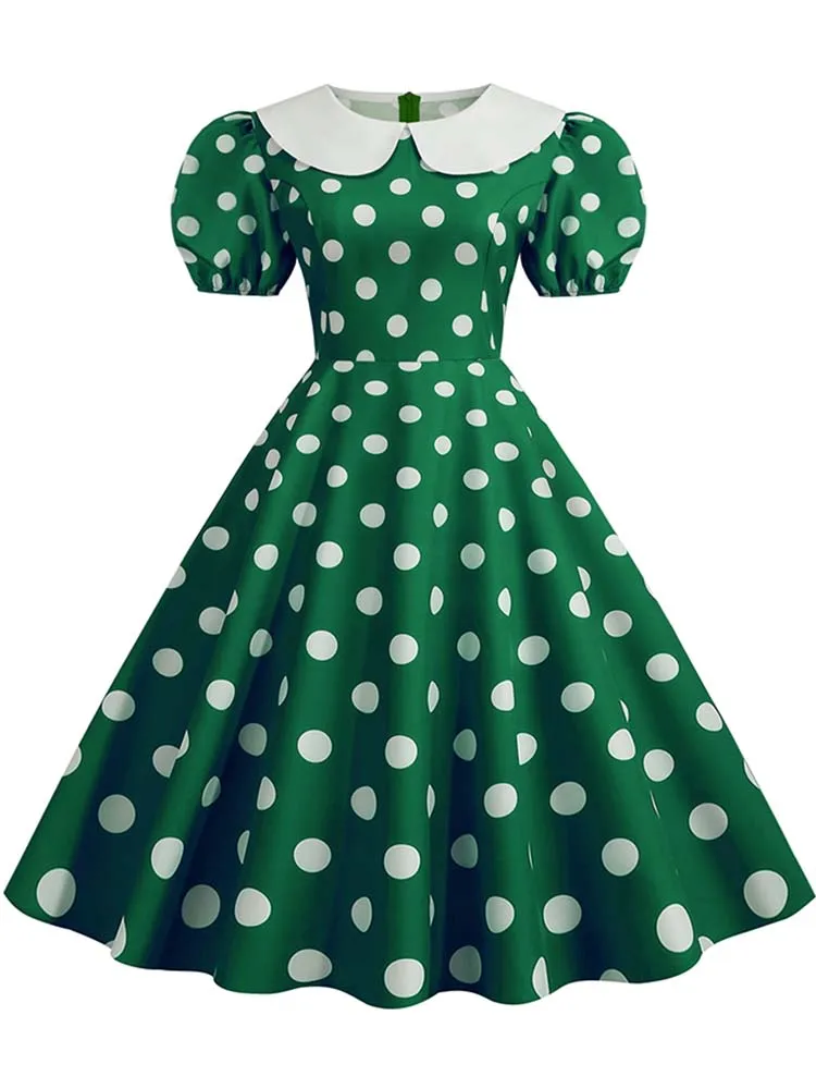 

Elegant Women Summer Dress Puff Short Sleeve Polka Dot Peter pan Collar Vintage A-line Midi Long Party Sundress Robe Femme