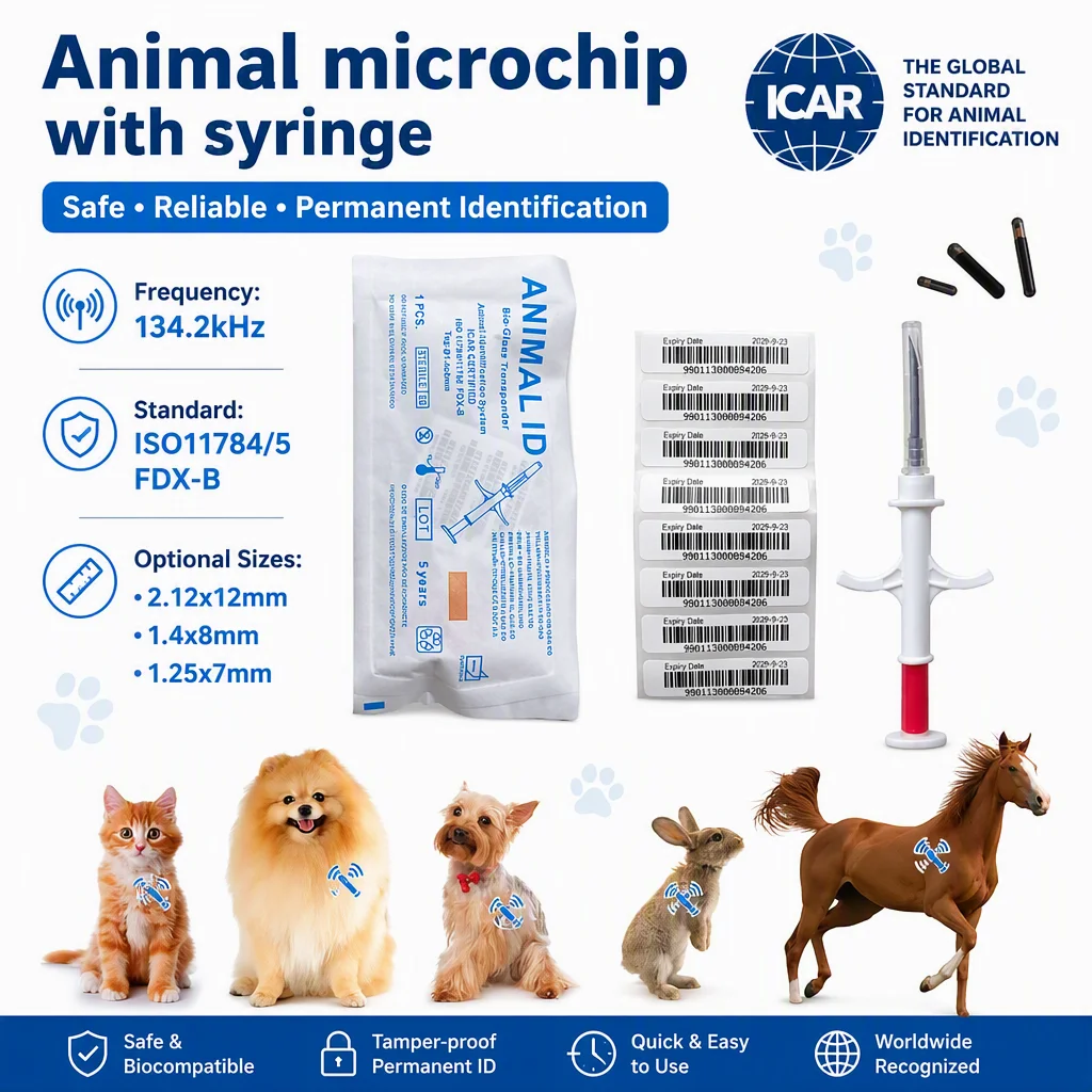 Pet Animal Microchip Syringe 134.2KHz FDX-B EM4305 ID Chip for Dogs Cats Horses Fish 1.4*8mm