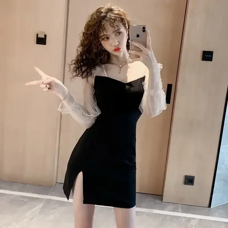 Splicing Slit Dresses for Women Lace X Chic and Elegant Pretty Kpop Designer New Features of Thic Trendy Woman Long Sleeve Dress