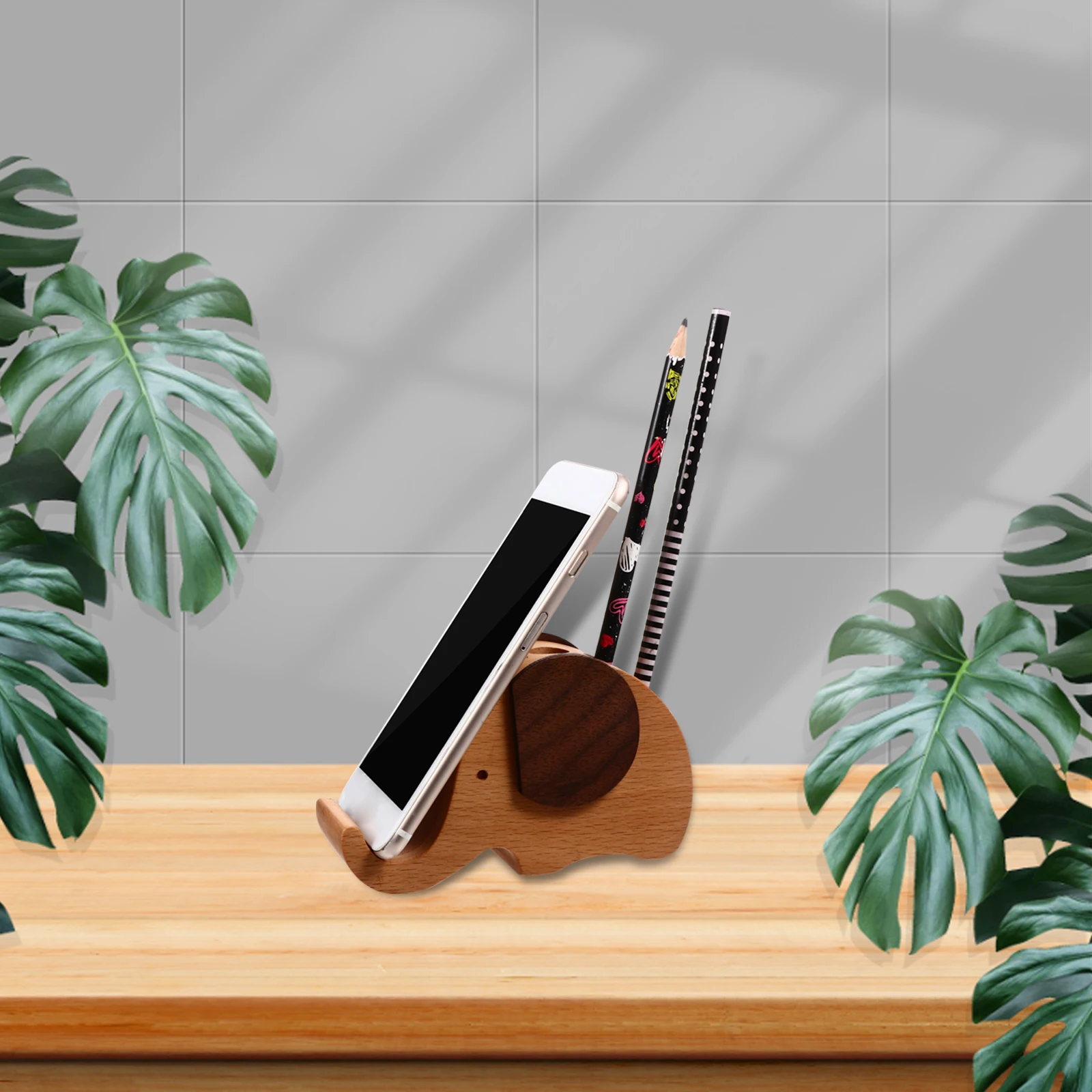 

1pc Elephant Wooden Phone Holder Stand Pen Container For Home Office School Tablet Support Smartphone Storage Rack Wood Desktop