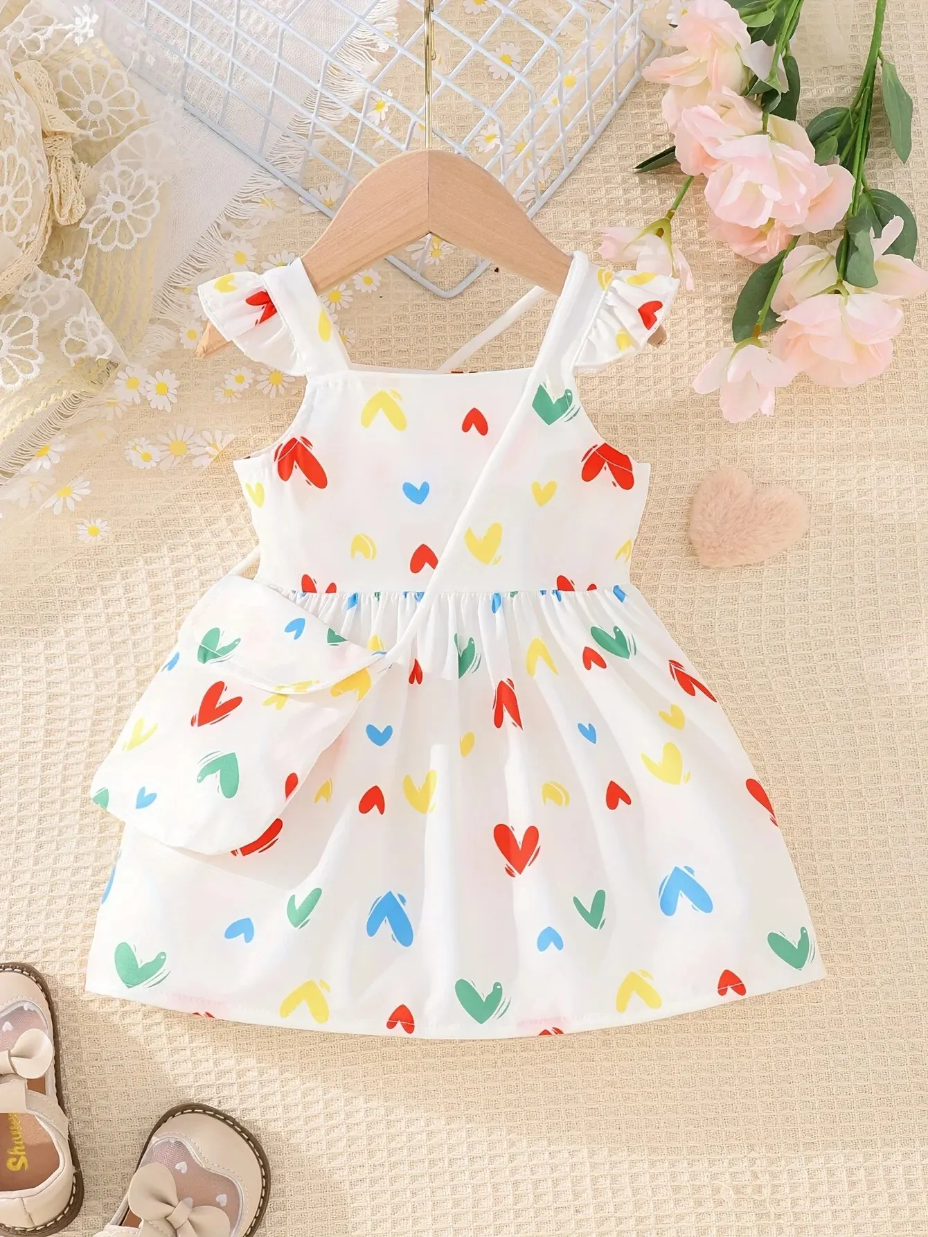 2-Piece Summer Baby Girl Cute Sweet Cool Breathable Love Pattern Dress + Shoulder Bag Casual Loose Simple Comfortable Skirt