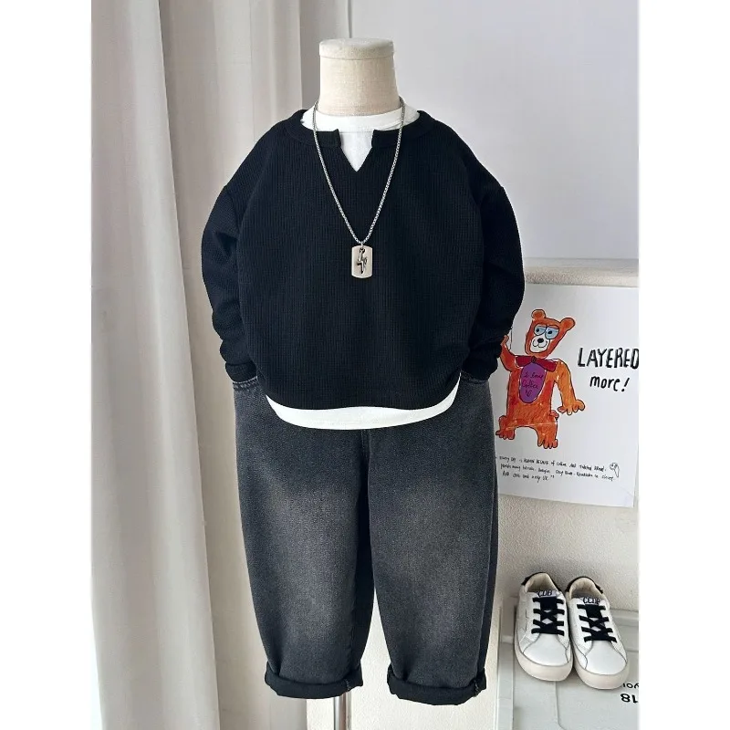 Kinder Jungen Sweatshirt RAISE YOUNG Herbst 2026 Kleinkind Jungen Pullover Casual 1-10 Jahre Kinder Jungen Waffel-Optik Zweiteilige Oberteile – Detail 14