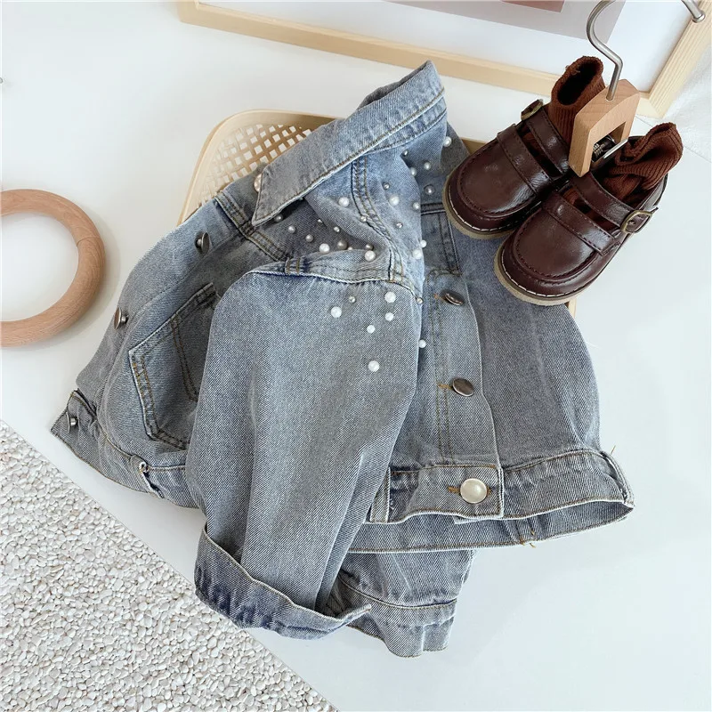 3-10 year old girl denim jacket 2024 new children\'s pearl long sleeved denim jacket baby Korean version personalized fashioncoat