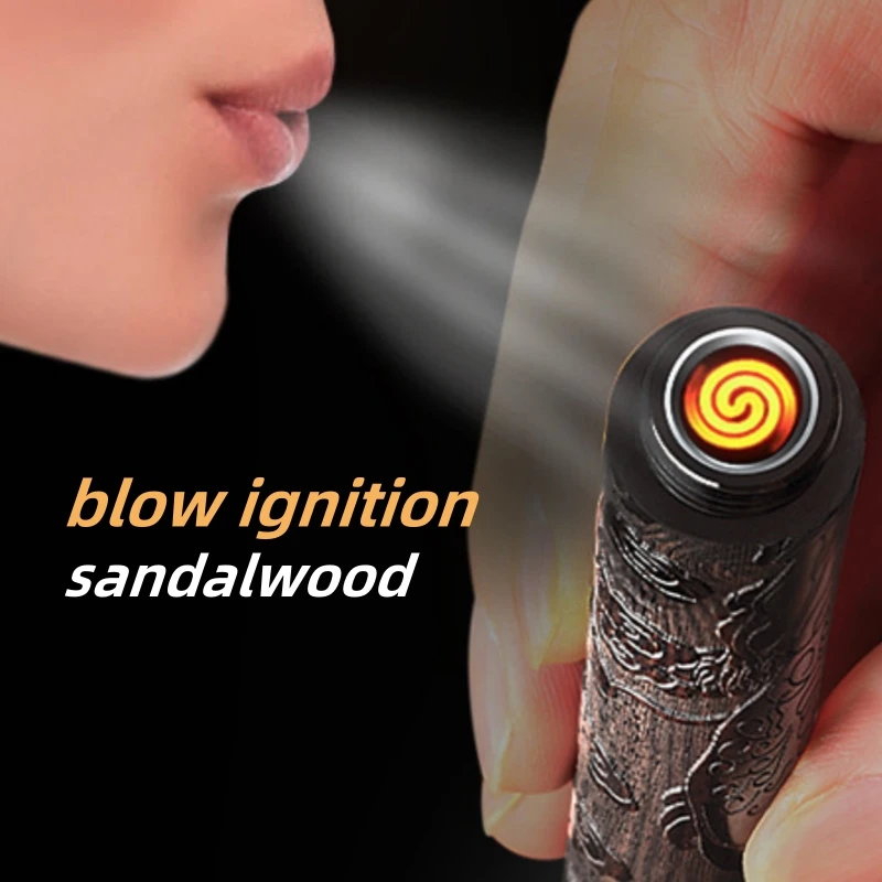 Portable USB Charging Blow Ignition Sandalwood Lighter Windproof and Flameless Electronic Tungsten Wire Lighter Gift with Bead