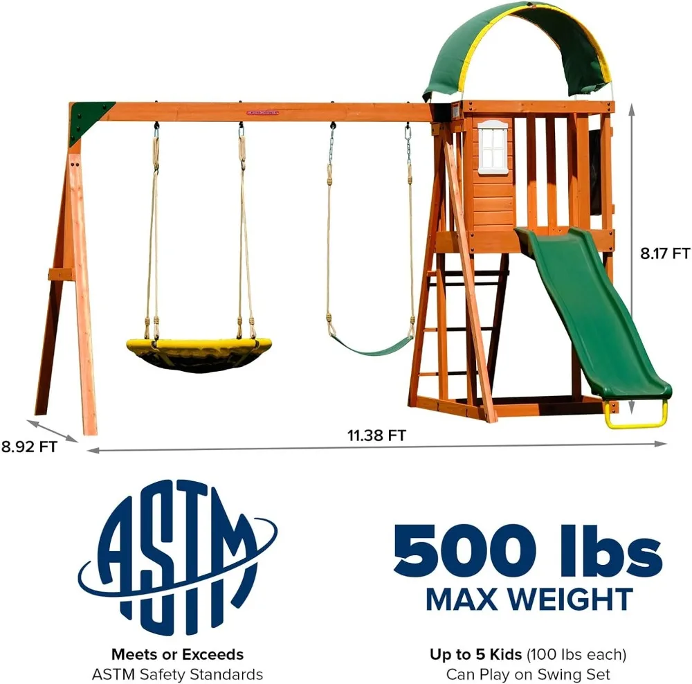 Heavy Duty Wooden Swing Set: Saucer + Adjustable Swing, 6ft Blow Molded Slide, Play Fort/Rock Climb Wall + Sandbox