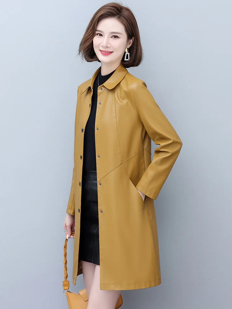 New Women Spring Autumn Leather Coat Casual Fashion Plus Cotton Lining Medium Long Loose Sheepskin Trench Coat Mother Topcoat