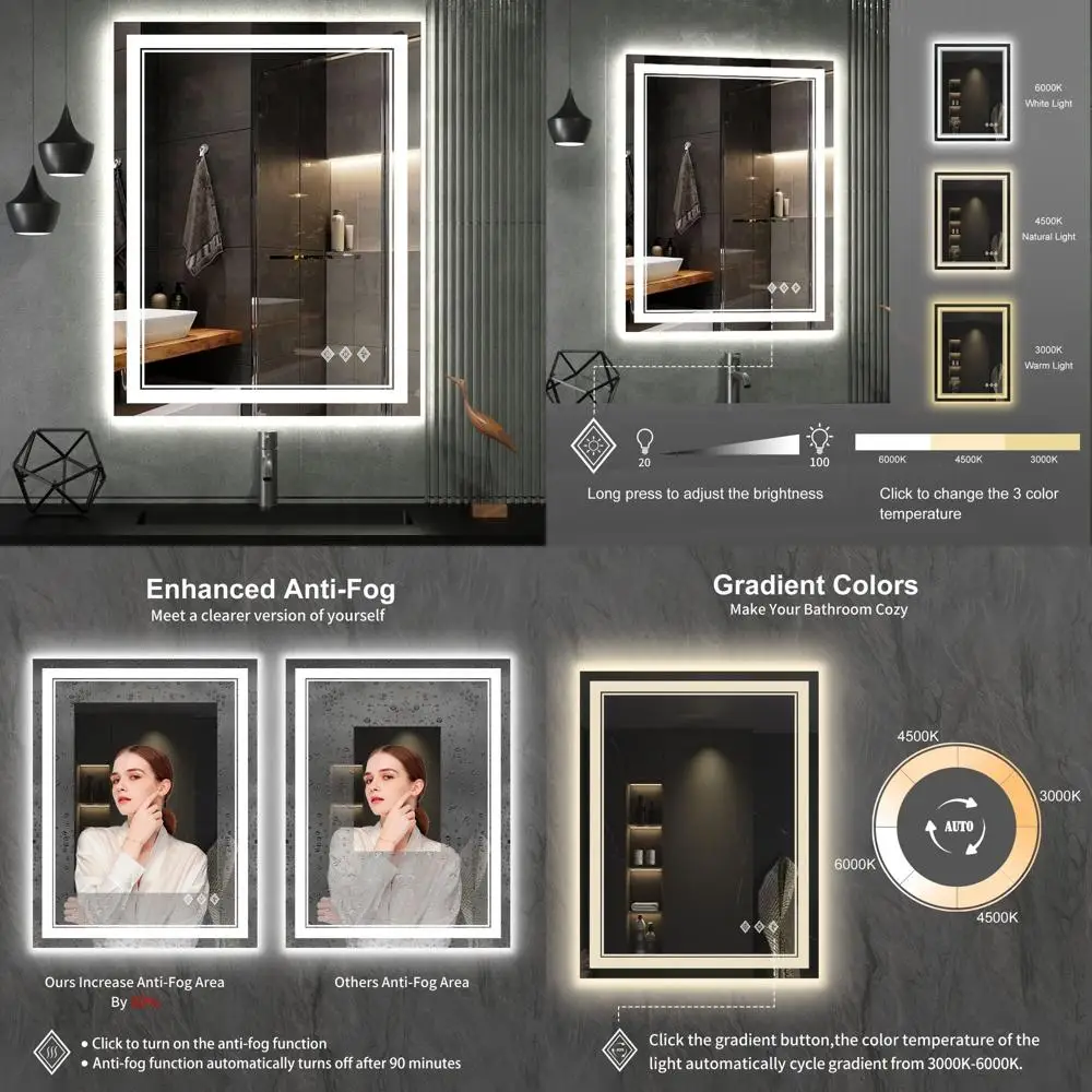 

Зеркало для ванной с LED-подсветкой 24x32 дюйма, 3 цветовых температуры, высокий CRI, защита IP54