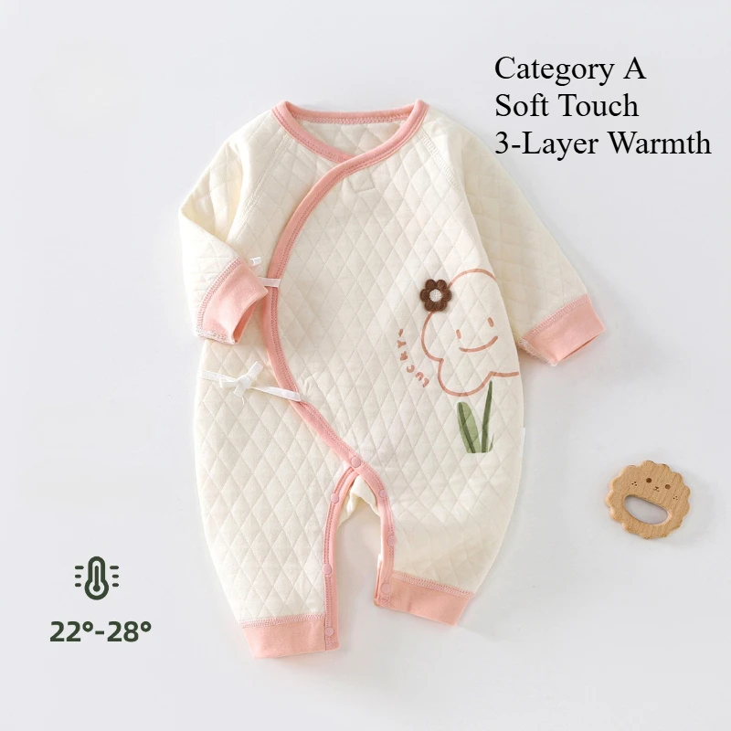 Newborn Autumn & Winter Warm Romper Boys&Girls Cute Floral Pattern Jumpsuit Halloween Long-Sleeve Crew Neck Onesie for 0-6M