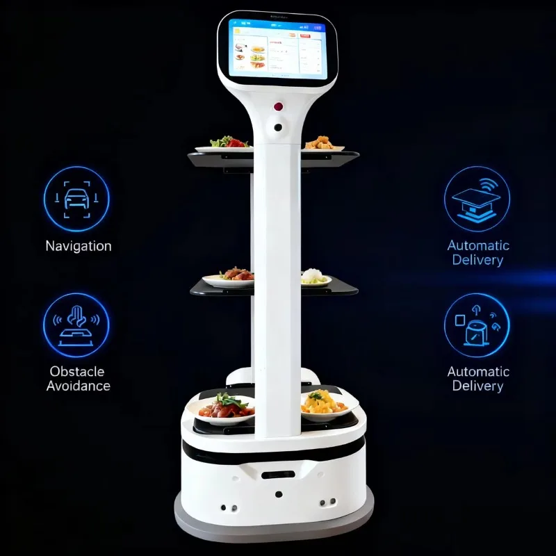 Intelligenter Lebensmittellieferroboter für Restauranthotels mit stabilem mehrschichtigem Tablett, autonome Navigation, selbstladender Service-Bot