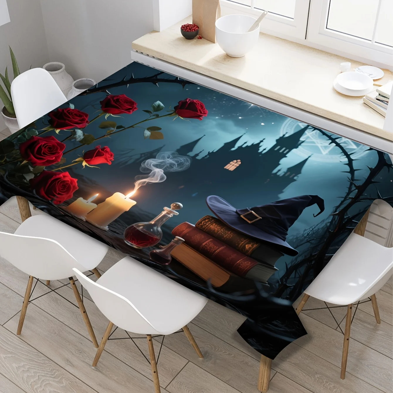 - 1pc Dark Fantasy Style Printed Tablecloth, featuring intricate thorny roses, candles, and an ancient castle silhouettezyc