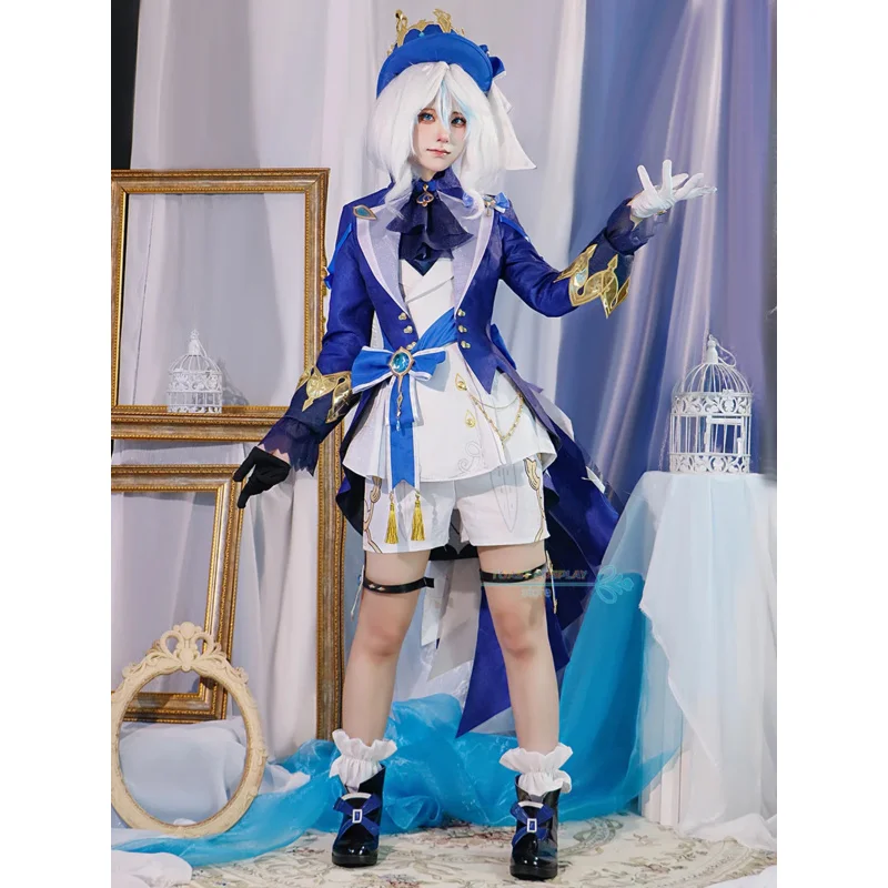 Game Genshinimpact Fontaine Character Focalors Cosplay Costume with Hat Patterned Fabrics Focalors Sexy Anime Costume Wig Women