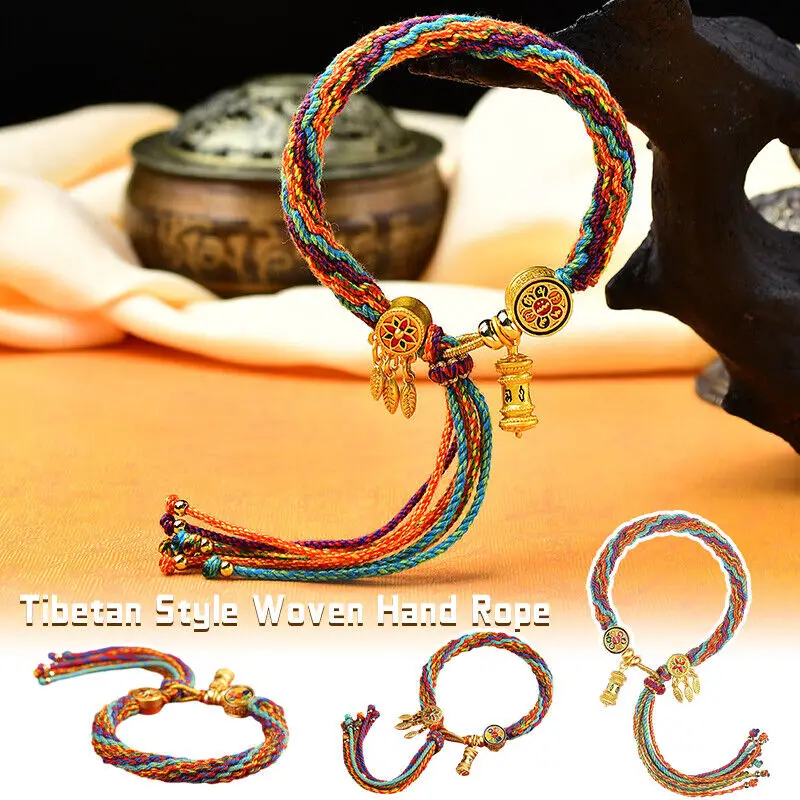 1pc Handmade Tibetan Bracelet Woven Hand Rope Chinese Ethnic Style Bracelet Stainless Steel Glass Locket Prayer Cylinder DIY