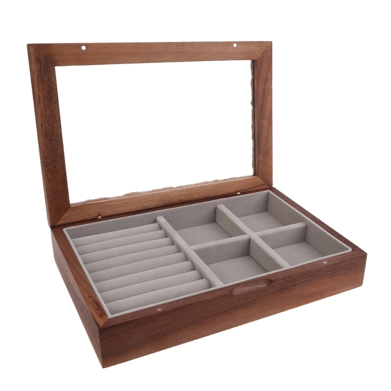 Wooden Jewelry Box with Glass Dustproof Flip Cover Women Cosmetics Storage Cases