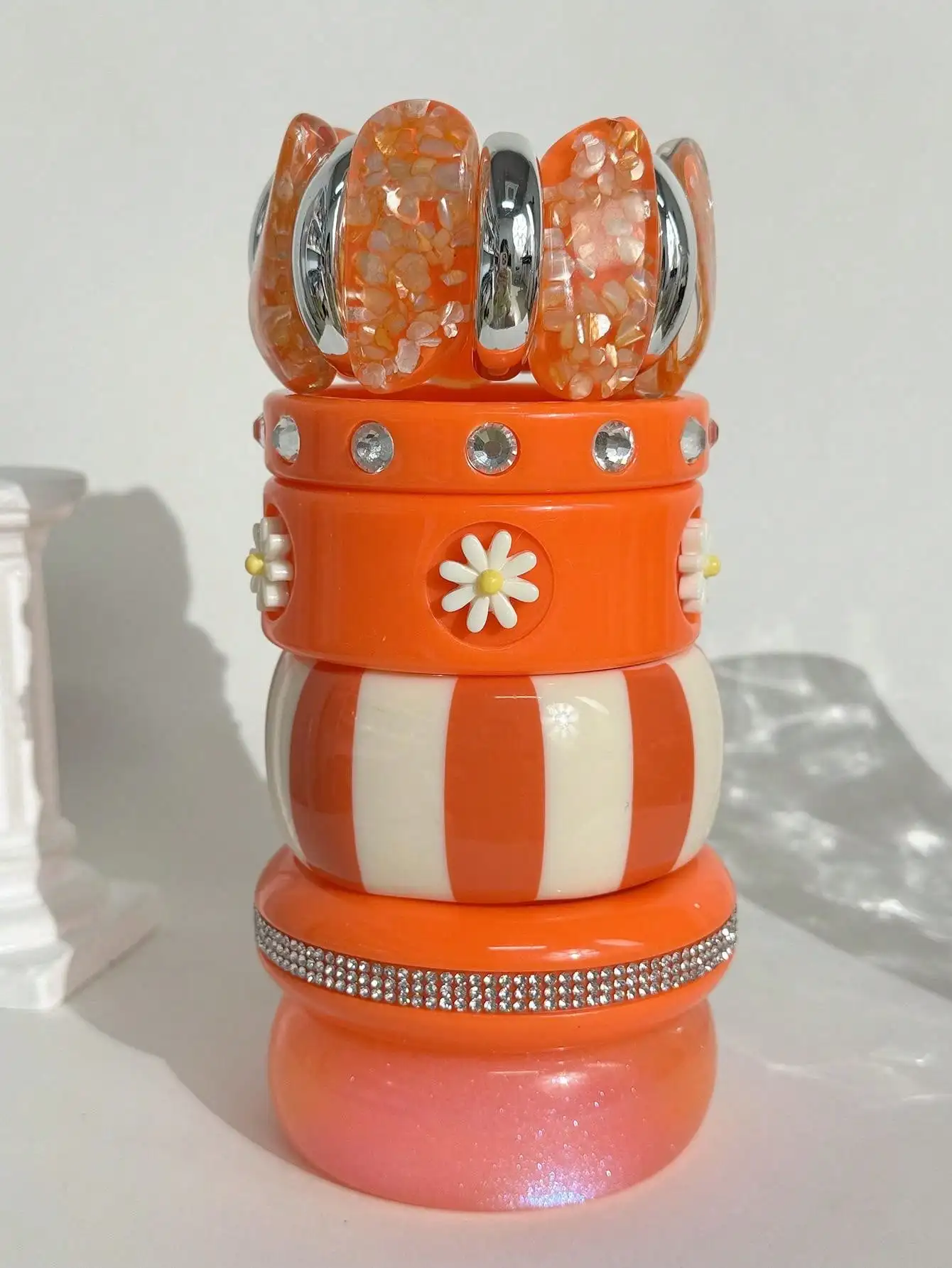 Casual  Vibrant Orange Floral Wide Resin Geometric Bracelet Sequined Diamond Accented Textured Women's Jewelry Vacation