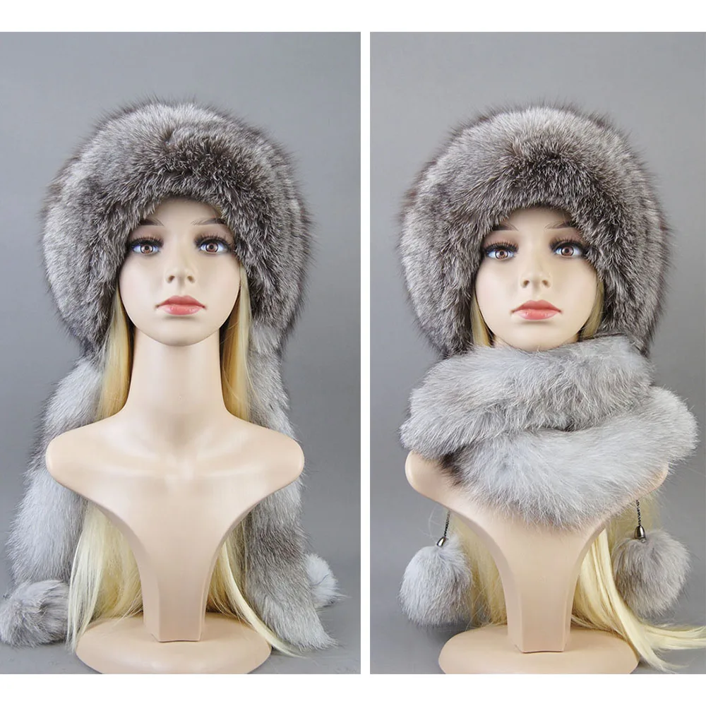 WOMAN WINTER HAT For Women Natural Fox  And Rex Rabbit Fur Hat Warm Plush Russian Mongolian Ushanka Thickened Cap Scarf Bonnet