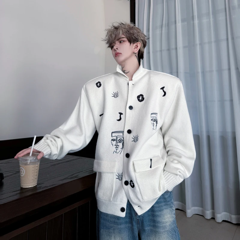 

Свободный вязаный свитер с воротником, зимний, модный, с индивидуальной вышивкой портрета, нейтральный, с длинными рукавами, топ