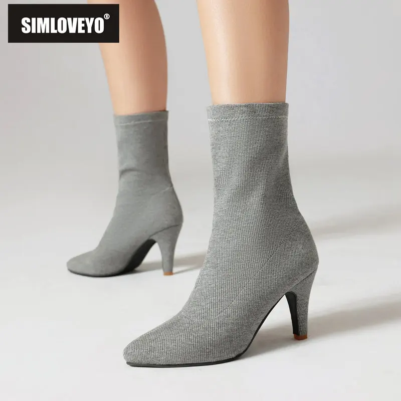 SIMLOVEYO Big Size 46 47 stivali da donna elasticizzati tacchi alti sottili 8.5cm Slip On autunno Concise incontri scarpe caviglia Bota 33 34