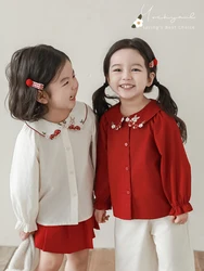 Girl's Embroidery Cut Lapel Shirt 2024 Spring Pleated Cuff Casual Top