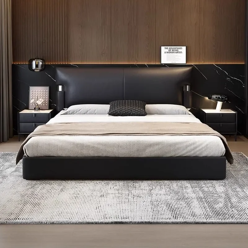 Light Luxury Italian Minimalist Leather Bed Modern Master Bedroom Large Double Bed Black Atmospheric Storage Frame for