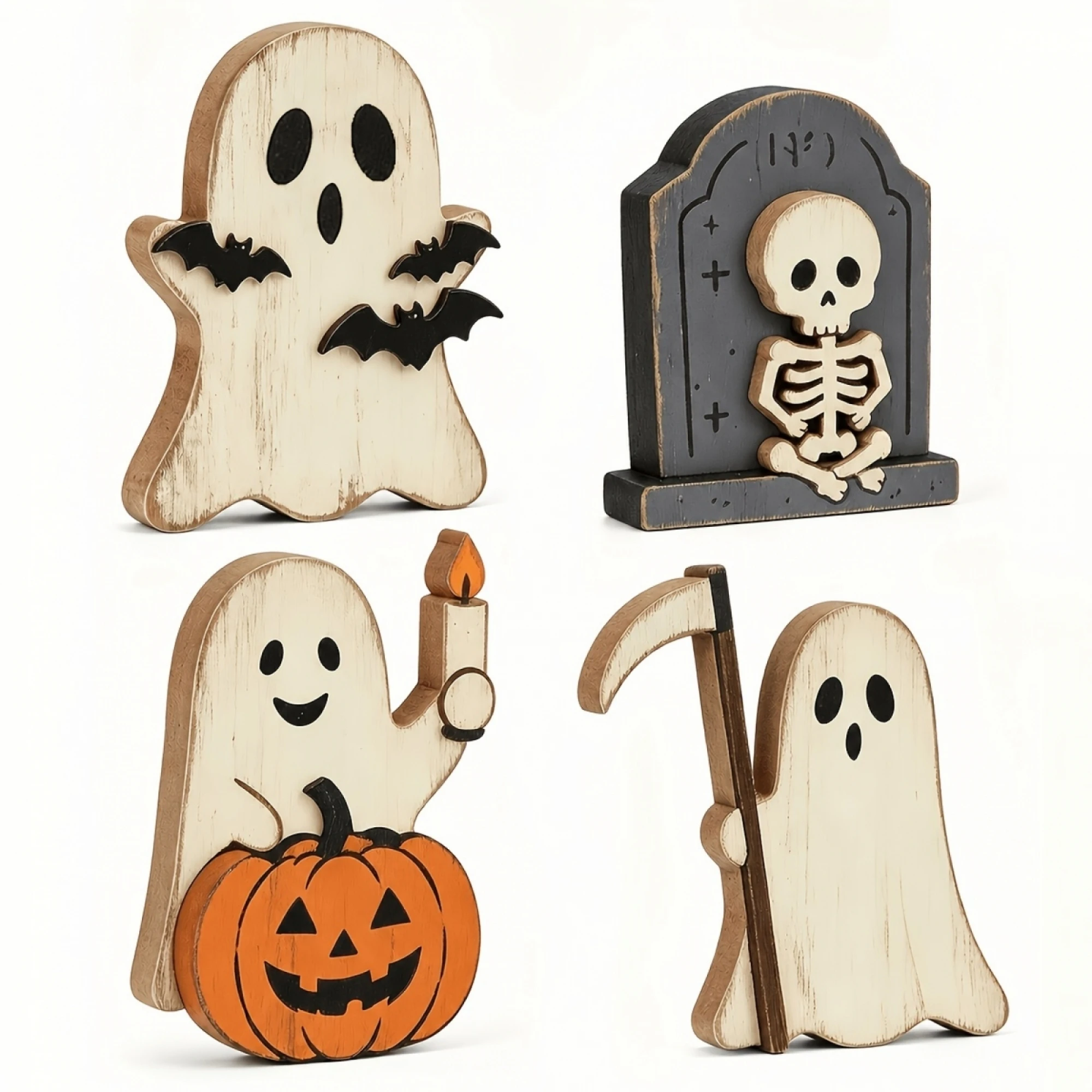 Halloween Tiered Tray Decor 4 Pack Spooky Wooden Mini Ghost Skull Figurines