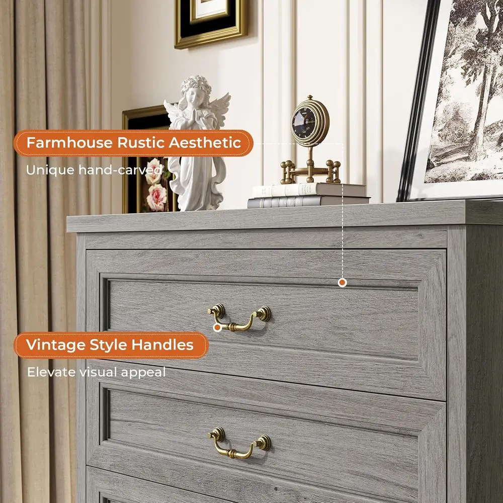 Komoda DAFIFY z 6 szufladami, wysoka szafka drewniana o wysokości 130 cm, rustykalny organizer do przechowywania z dużą szufladą i uchwytem w stylu vintage, szara, do sypialni