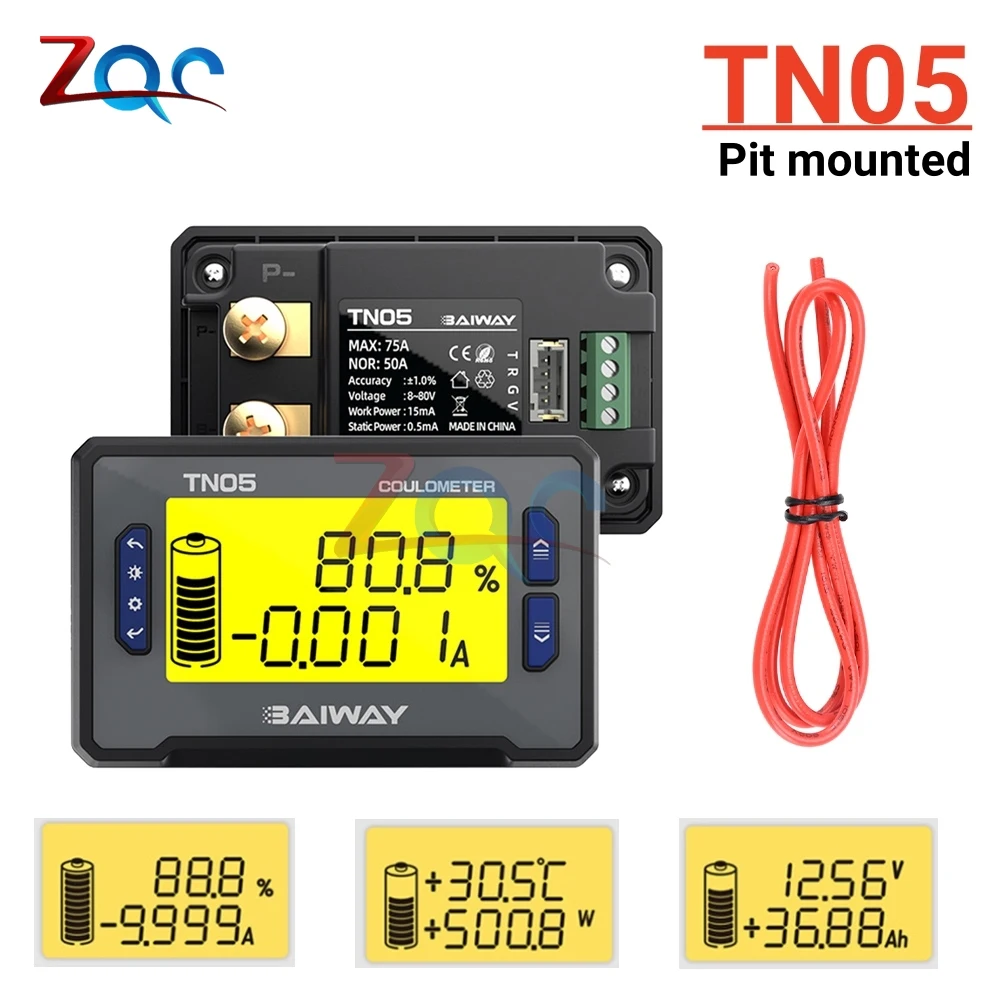 

TN05 Battery Capacity Tester 8-80V 50A Built In Sampling Precision Coulomb Meter Battery Level Indicator Voltmeter Amperemeter