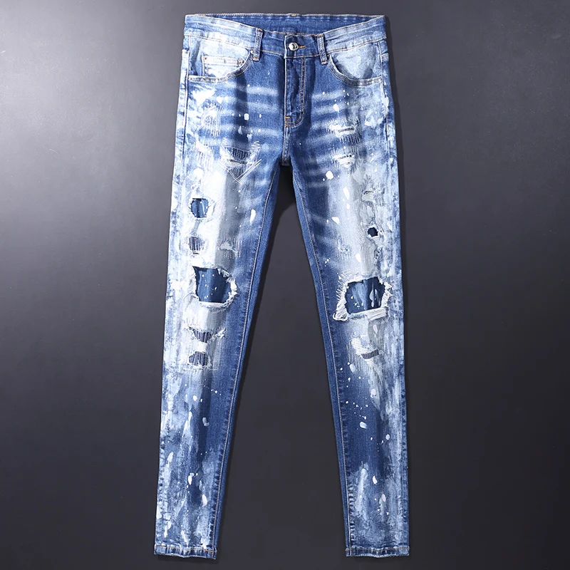 fashion men's jeans retro blue elastic slim fit retro elastic slim fit jeans men's patchwork designer hip-hop brand denim