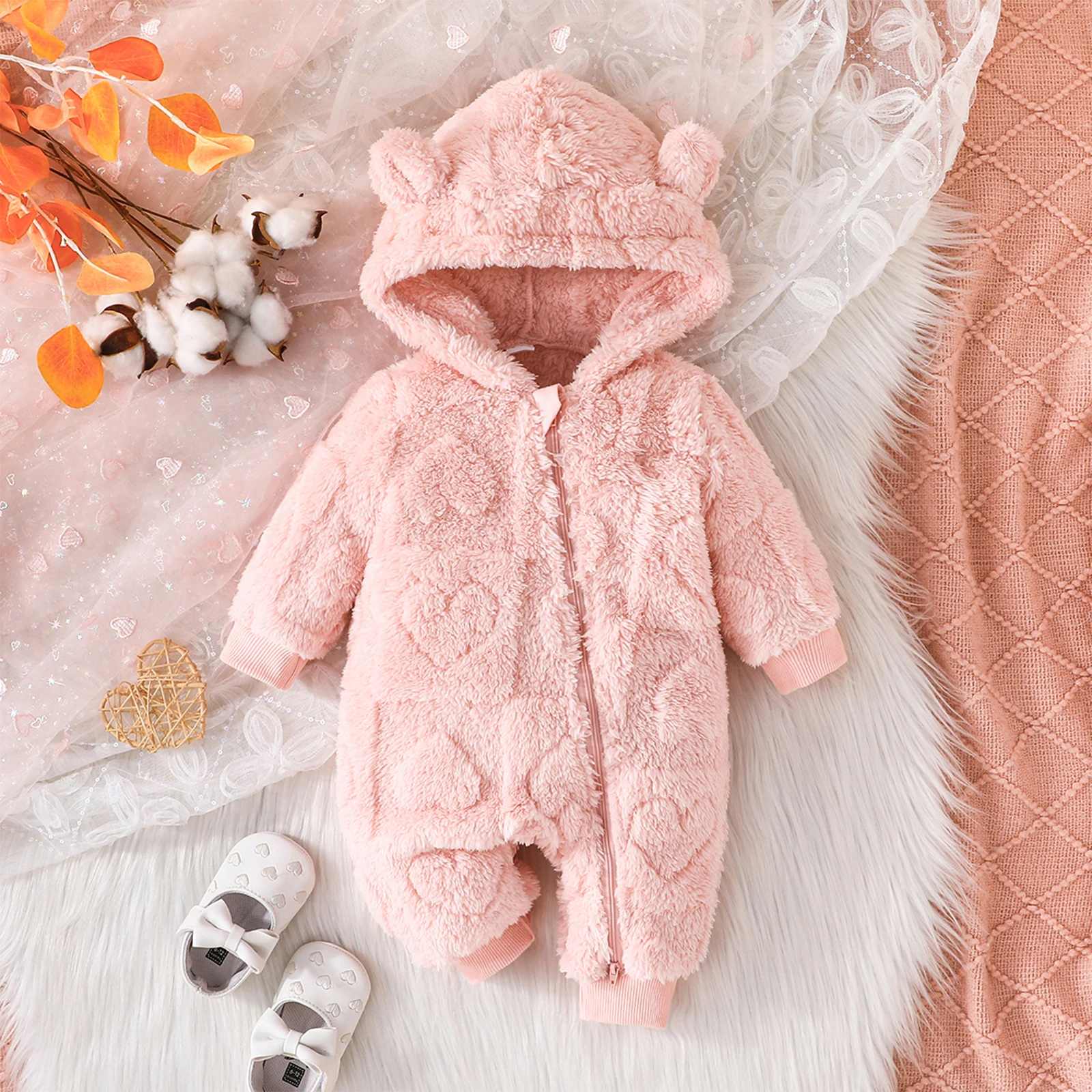 Baby Girls Winter Plush Romper Solid Color Plush Hooded Long Sleeve Warm Jumpsuits for Newborn Infant Toddler Snowwear Clothes