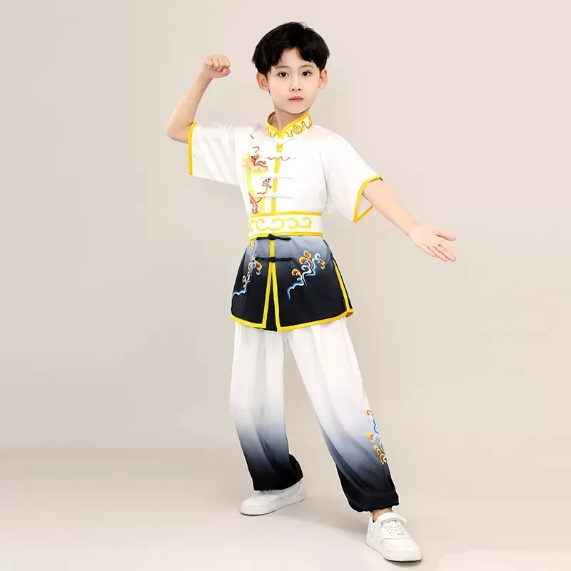 2024 pakaian wushu tradisional Cina untuk anak-anak seragam seni bela diri setelan kung fu naga cetak kostum penampilan panggung set