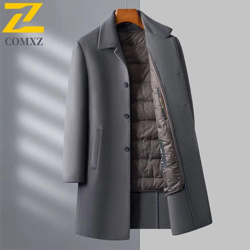 

Comxz 2025 Winter Wool Coat Men Brand Designer Goose Down Lined Warm Jacket Woolen Coat Korean Trendy Long Cashmere Overcoat Man