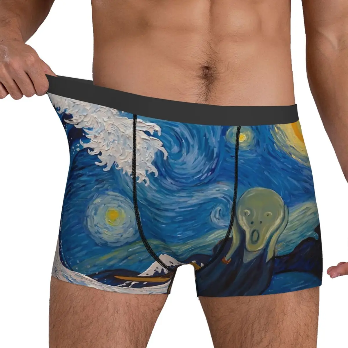 Van Gogh Starry Night Underwear The Great Wave Men's Shorts Briefs Sexy Trunk Trenky Customs Plus Size Underpants