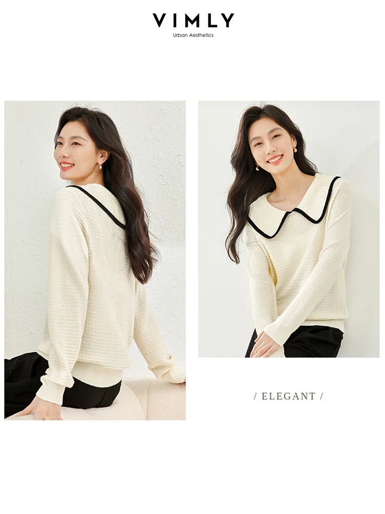 Vimly Contrast Lapel Knitted Women's Sweater Apricot Pullover Long Sleeve Tops 2023 Autumn High Strecth New in Knitwear 72520