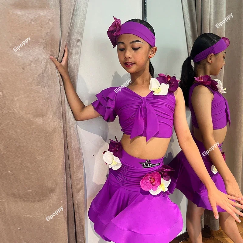 Traje de baile latino púrpura para niñas, vestidos de baile latino de Rumba, Tango, Salsa y Samba, vestido de salón de competición para niños