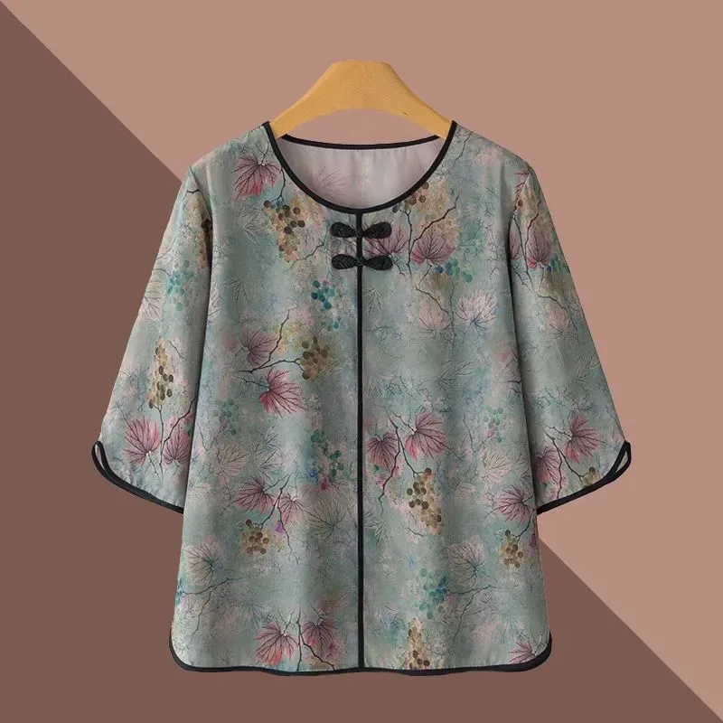New Chinese Style Middle Aged Women Floral Print Blouse Frog Button 3/4 Sleeve Casual Shirt