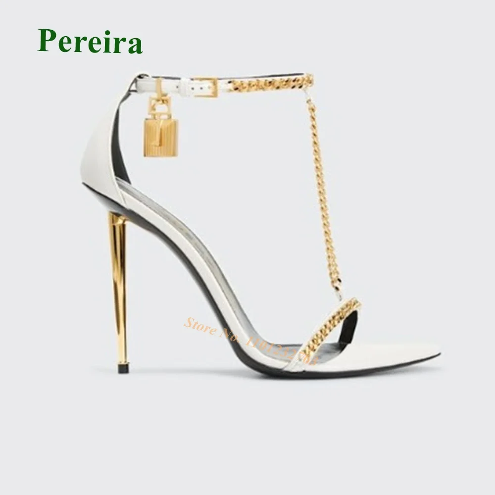 Chain Decor Metal Heels Sandals Padlock Buckle Strap Open Toe Women\'s Sandals Black Leather Luxury Elegant Party Shoes Big Size