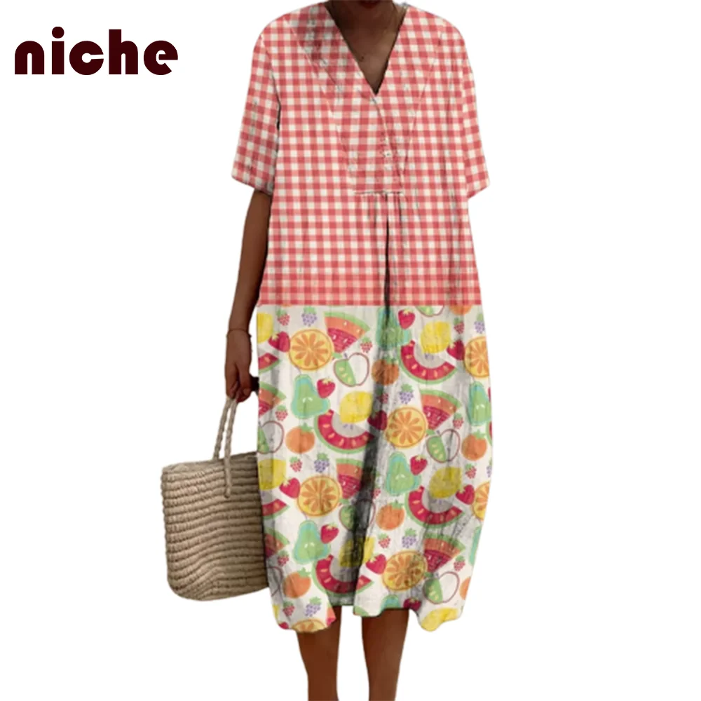 Y2k Style Ladies Beach Skirt Pink Plaid Fruit Graphic Printing Chic High Quality Fabric Trend New Loose V-Neck Long Skirt