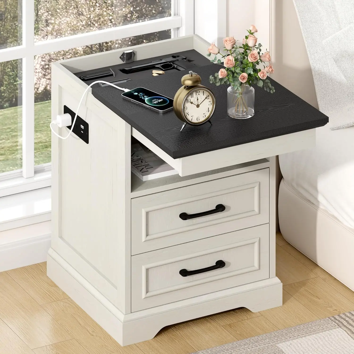 

18" Farmhouse Accent Nightstand with Charging Station, End Table with 3 Drawers Storage, Side Table, Bedside Cabinet for Livi