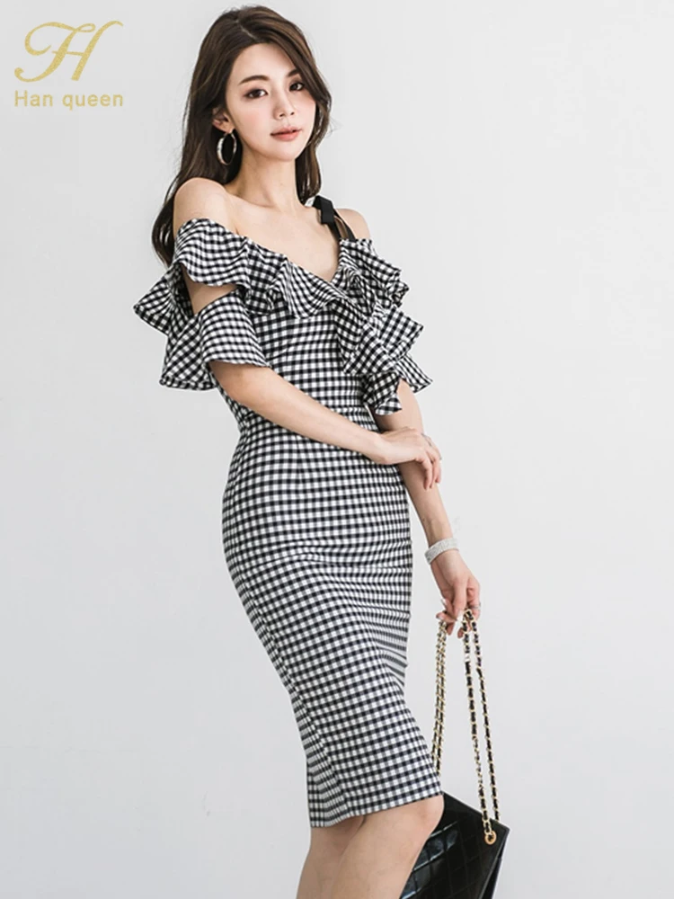 H Han Queen 2024 New Summer Dresses Womens Sexy Slash Neck Retro Ruffles Party Elegant Dress Off The Shoulder Sexy Plaid Vestido