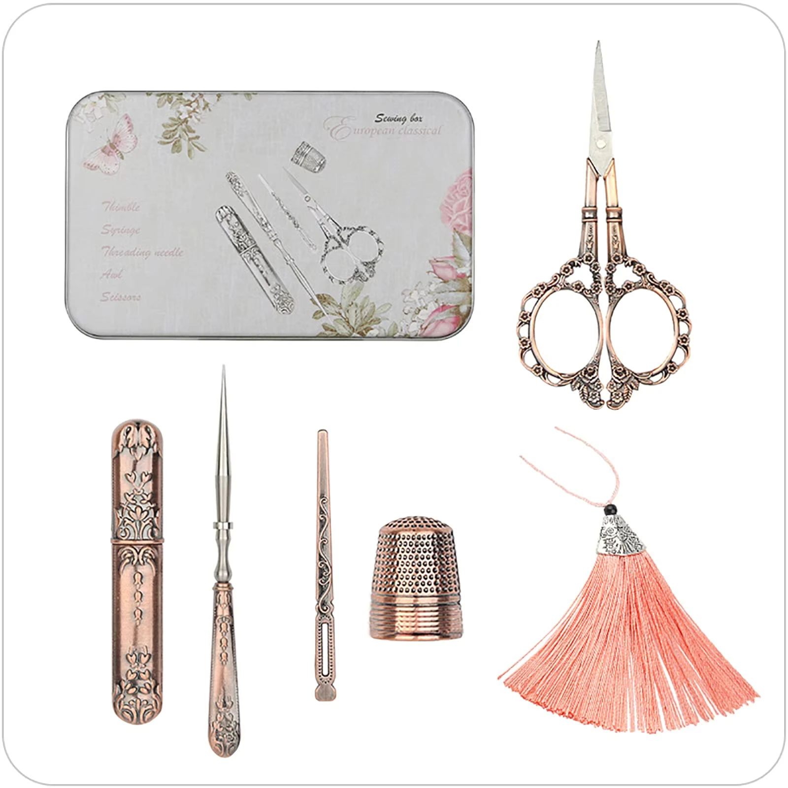 7Pcs/sets Vintage Scissor Sewing Tool Set Embroidery Scissor Needle Case Needle Bottle Sewing Thimble Antique Craft Sewing Tool