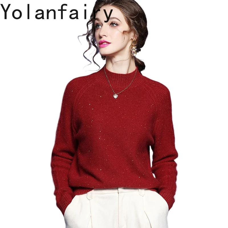 YOLANFAIRY Autumn Winter Wool Sweaters for Woman High-neck Elegant Cashmere Sweater Pullovers Long Sleeve Tops Pull Hivers Femme