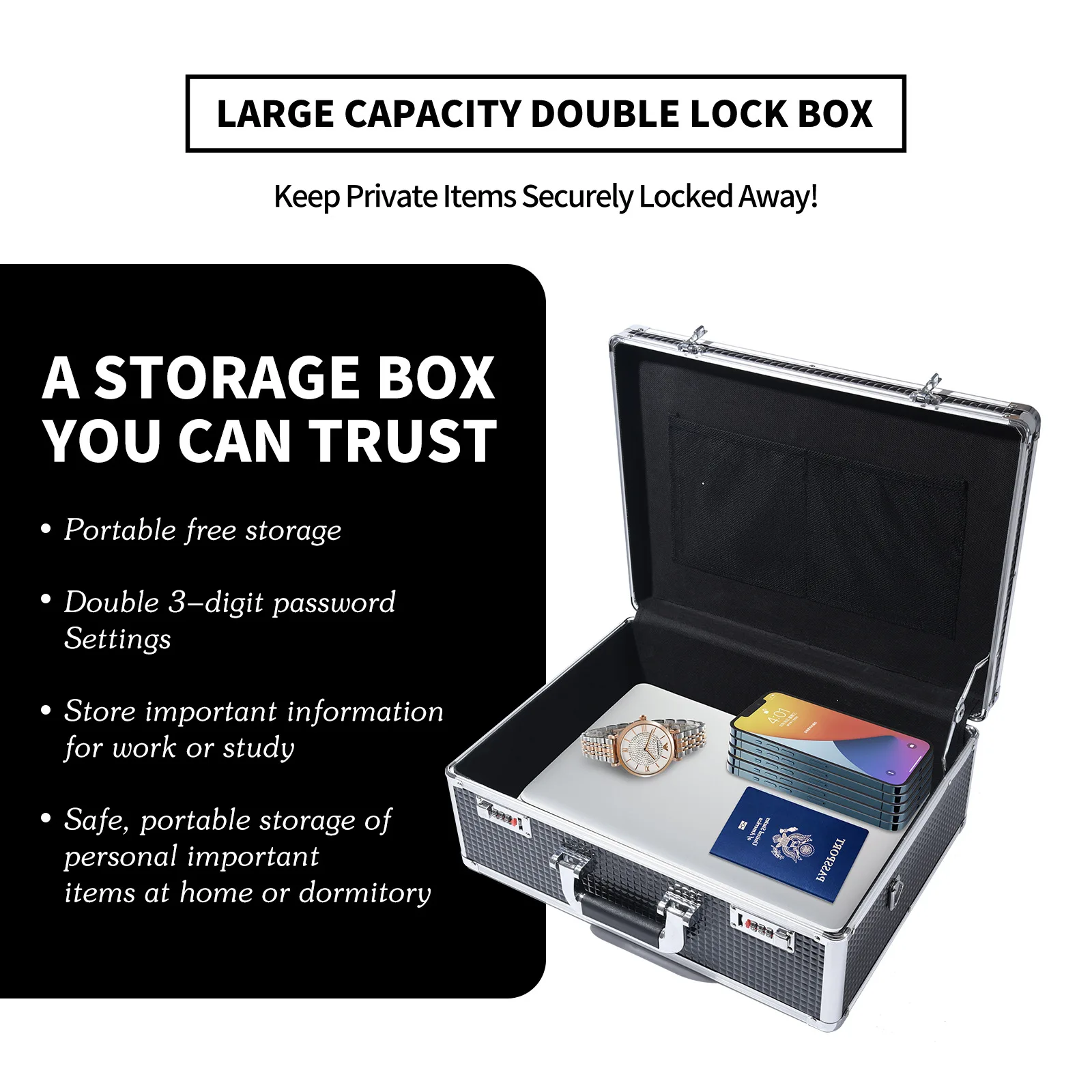 Portable Travel Suitcase Aluminum Alloy Attach Case with Combination Lock for Laptop, Documents Mechanic Hardware Toolbox