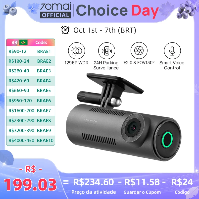 70mai Dash Cam M310 1296P Visão noturna F2.0 Abertura 70mai M310 Carro DVR 24H Monitor de estacionamento WIFI e controle por aplicativo