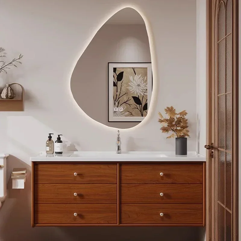 

New Chinese ancient style red oak ceramic integrated basin bathroom cabinet toilet washstand advanced sense