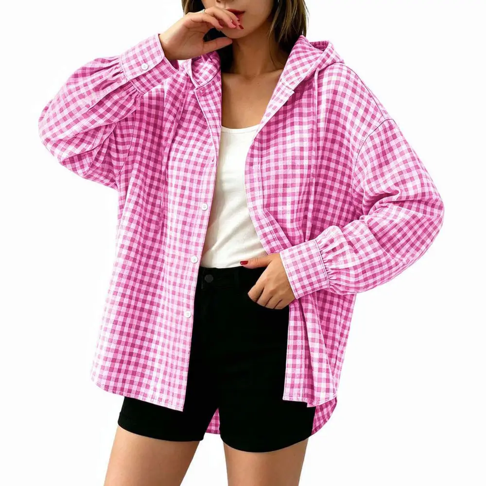 Casual Womens Hooded Shirt Long Sleeve Plaid Pattern Blouse Loose Fit Button Down Elegant Spring Fashion Garment Top