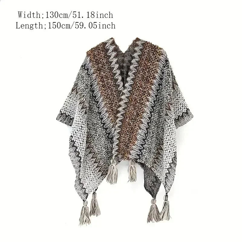 Bohemian Plaid Tassel Shawl Vintage Knitted Warm Cape Wraps Thickened Windproof Cardigan For Outdoor Travel