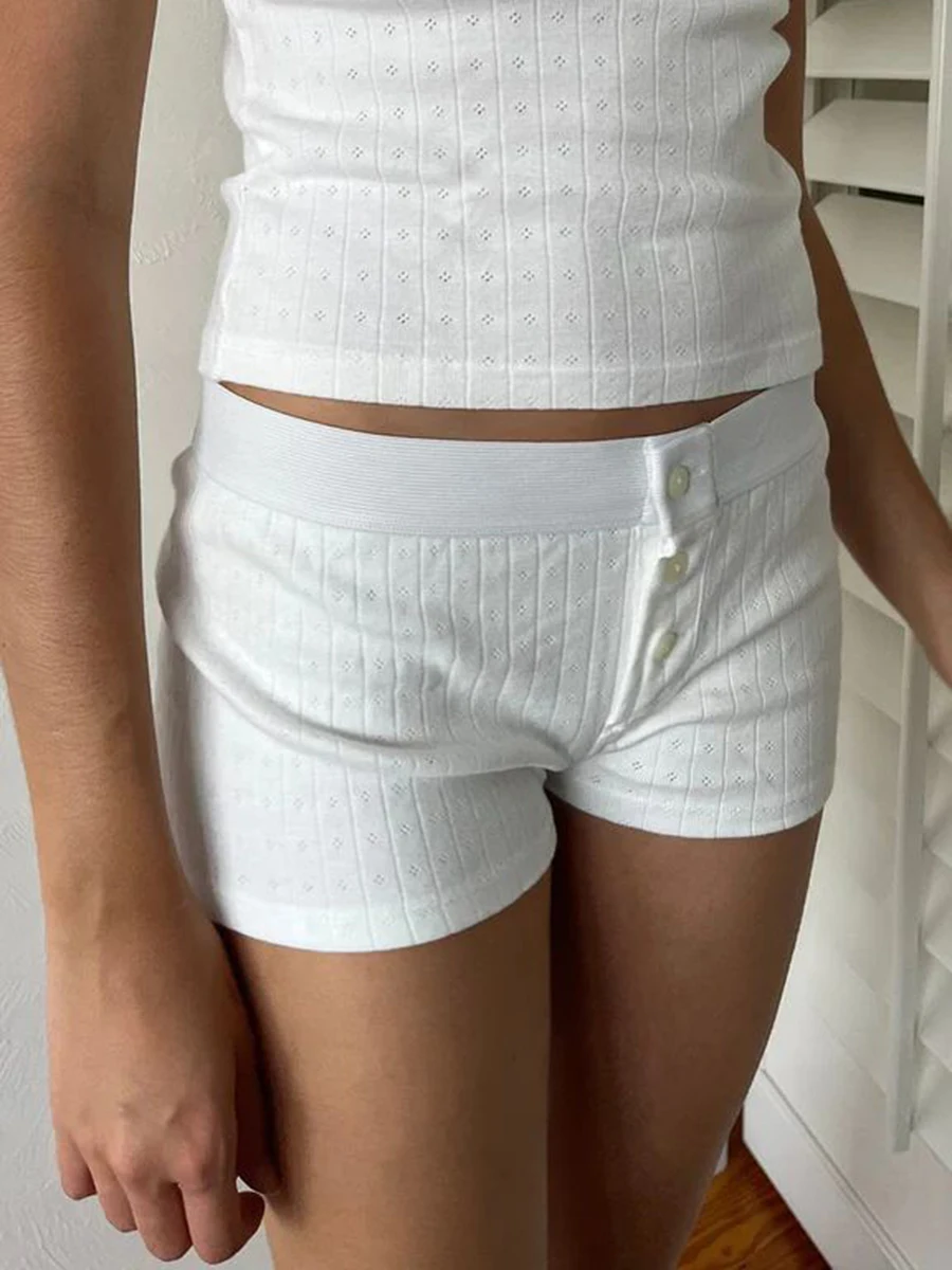 Eyelet Cotton Solid Home Boy Shorts Summer Three Buttons Patchwork Elastic Waist Straight Short Pant Sweet Cute Woman Underwear